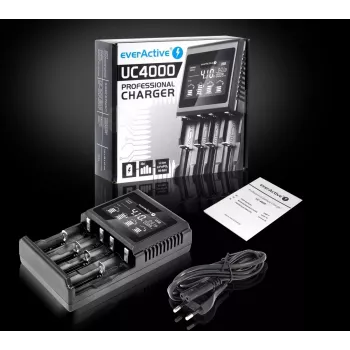 Lādētājs baterijām everActive UC-4000 AA/AAA, 4 sloti, 100–240V, melns