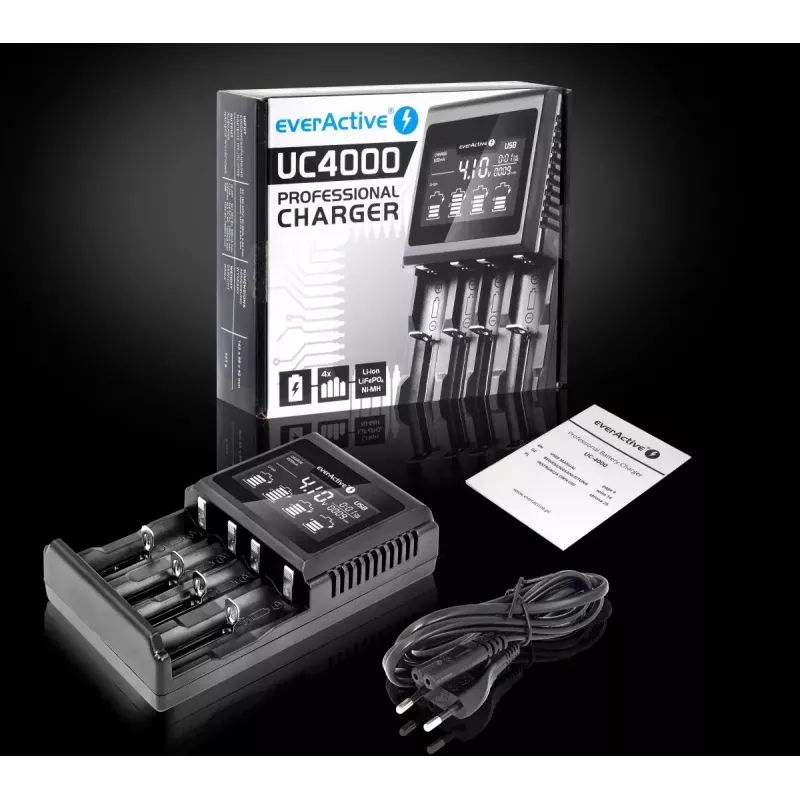 Lādētājs baterijām everActive UC-4000 AA/AAA, 4 sloti, 100–240V, melns