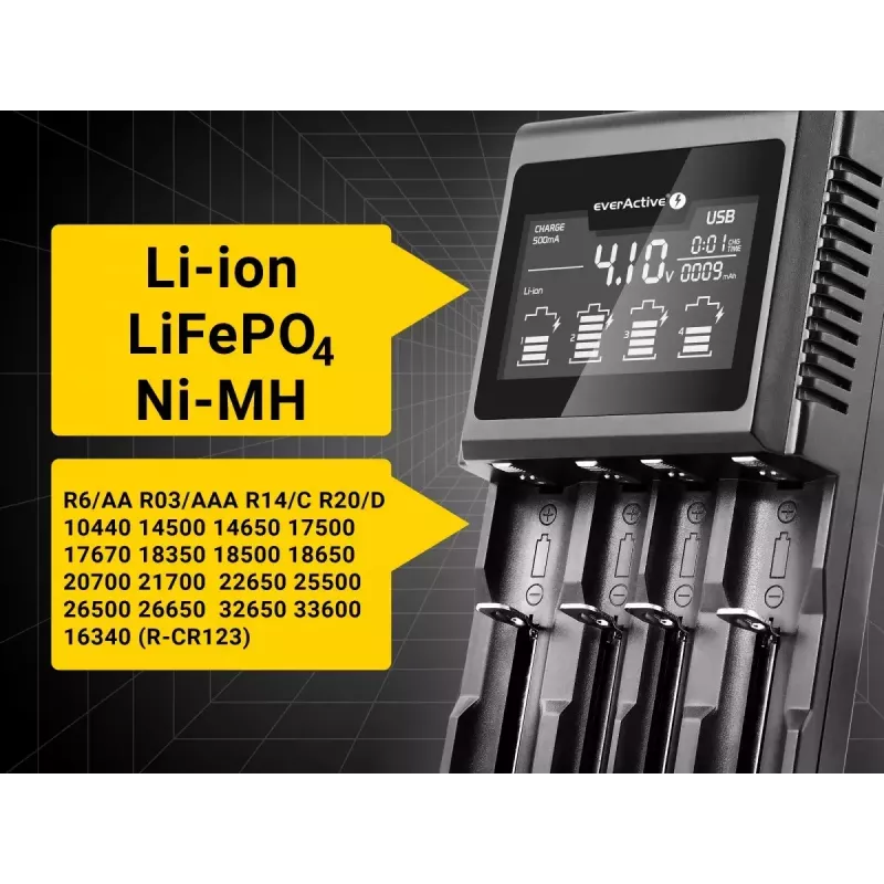 Lādētājs baterijām everActive UC-4000 AA/AAA, 4 sloti, 100–240V, melns