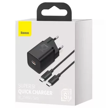 Iekštelpu lādētājs Baseus TZCCSUP-L01, USB-C 1 ports, 18W, 100–240V AC, 1 m kabelis, Melns
