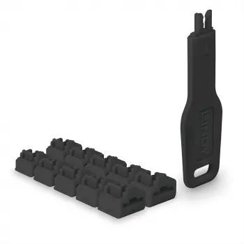 Portu bloķētāju komplekts Lindy RJ45 Port Locks Melns — 10 gab. + 1 atslēga, saderīgs ar RJ-45 portiem