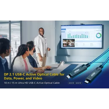 USB-C aktīvais optiskais kabelis 15 m ATEN UE3415F — USB-C uz USB-C, 15 Gbit/s, Melns