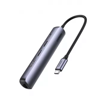 Ugreen 10919 USB-C dokstacija / portu paplašinātājs, USB 3.2 Gen 1, alumīnija korpuss, pelēks