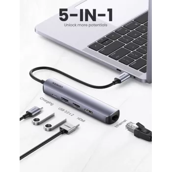 Ugreen 10919 USB-C dokstacija / portu paplašinātājs, USB 3.2 Gen 1, alumīnija korpuss, pelēks