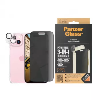 PanzerGlass® Privātuma 3-in-1 komplekts iPhone 15 triecienizturīgs rūdīts stikls