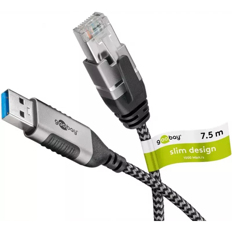 Goobay 74398 USB 3.0 Type A – RJ45 kabelis, 7.5 m, melns/sudrabs