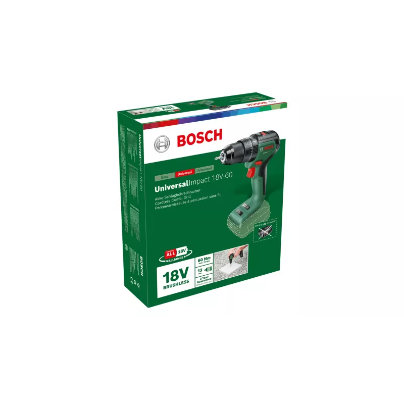 Bosch Universal Impact 18V-60 bezvadu triecienurbjmašīna, 1900 RPM, bezatslēgas, 1.3 kg, melna, zaļa
