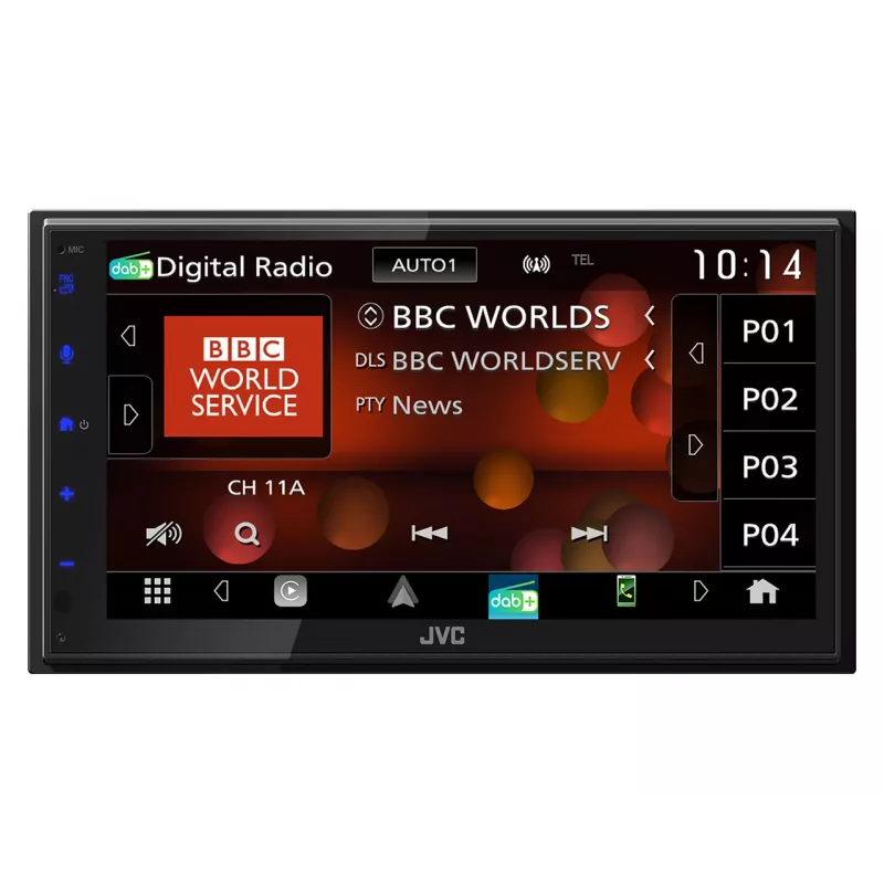 JVC KW-M695DBW dubultā DIN multivides uztvērējs automašīnai, Android Auto, Apple CarPlay, DAB+ radio, atpakaļskata kameras pieslēgums