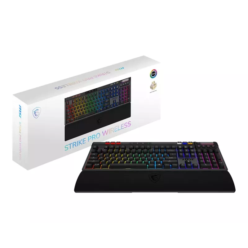Mehāniskā spēļu tastatūra MSI STRIKE PRO WIRELESS — pilnizmēra, USB + Bluetooth, RGB, QWERTY US, melna