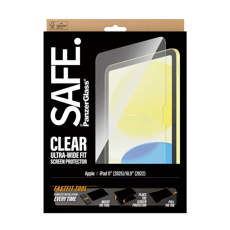 PanzerGlass SAFE. SA34342 ekrāna aizsargs iPad 11 collu (2025) / iPad 10,9 collu (2022), Ultra-Wide Fit ar Fastfit rīku, rūdīts stikls, caurspīdīgs