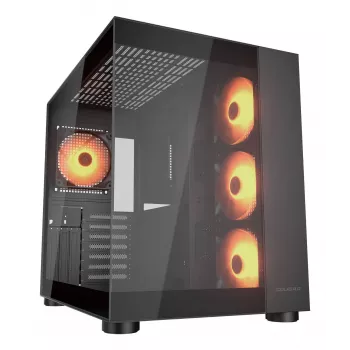 COUGAR FV150 ARGB Midi Tornis Melns — ATX/MicroATX/Mini-ITX, 3x120mm priekšā + 1x120mm aizmugurē, 2x3.5 collu un 2x2.5 collu sloti