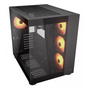 COUGAR FV150 ARGB Midi Tornis Melns — ATX/MicroATX/Mini-ITX, 3x120mm priekšā + 1x120mm aizmugurē, 2x3.5 collu un 2x2.5 collu sloti