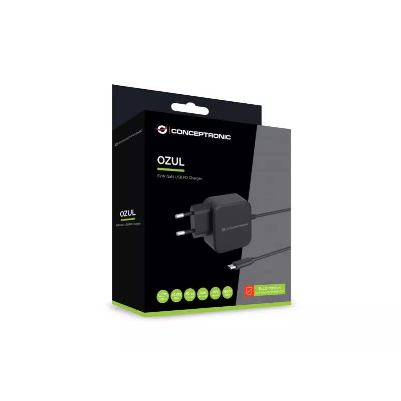 Conceptronic OZUL04BE 67W GaN USB PD lādētājs ar iebūvētu USB-C kabeli