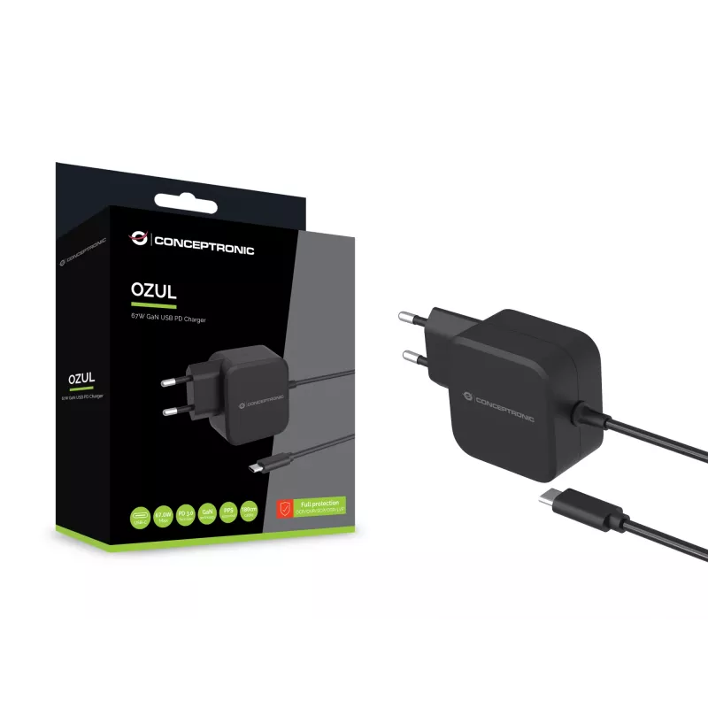 Conceptronic OZUL04BE 67W GaN USB PD lādētājs ar iebūvētu USB-C kabeli