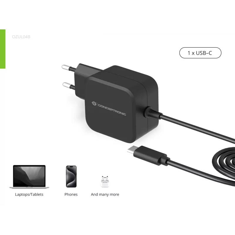 Conceptronic OZUL04BE 67W GaN USB PD lādētājs ar iebūvētu USB-C kabeli
