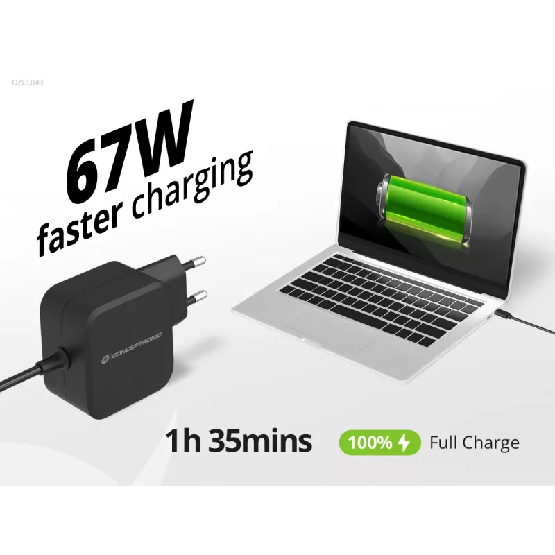 Conceptronic OZUL04BE 67W GaN USB PD lādētājs ar iebūvētu USB-C kabeli