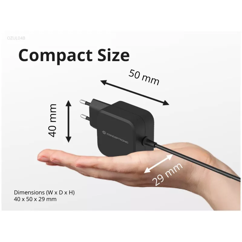 Conceptronic OZUL04BE 67W GaN USB PD lādētājs ar iebūvētu USB-C kabeli