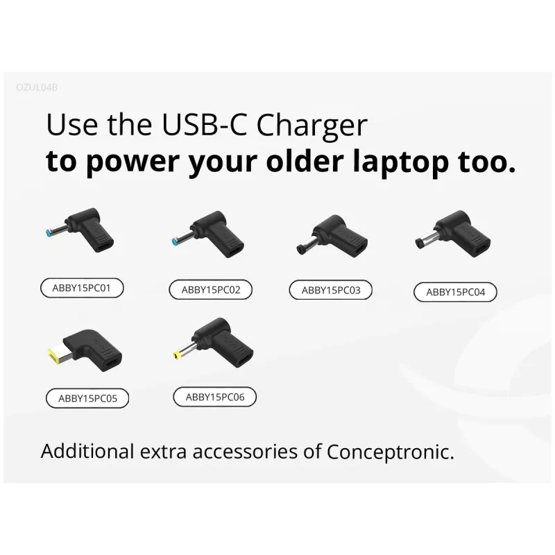 Conceptronic OZUL04BE 67W GaN USB PD lādētājs ar iebūvētu USB-C kabeli
