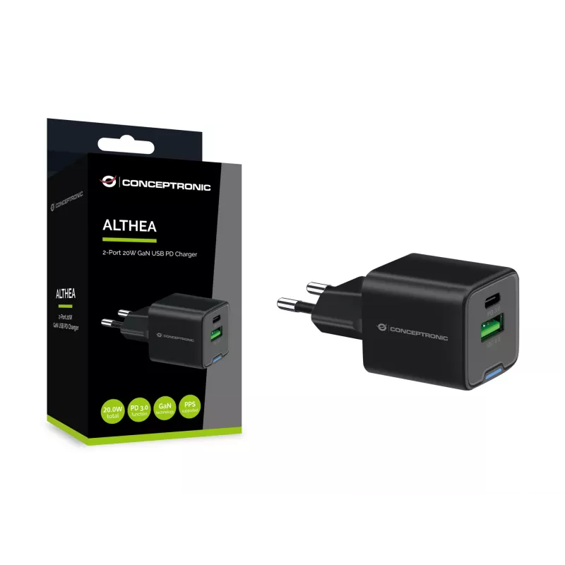 Conceptronic 2-Portu 20W GaN USB PD Lādētājs, USB-C x 1, USB-A x 1, QC 3.0, PPS