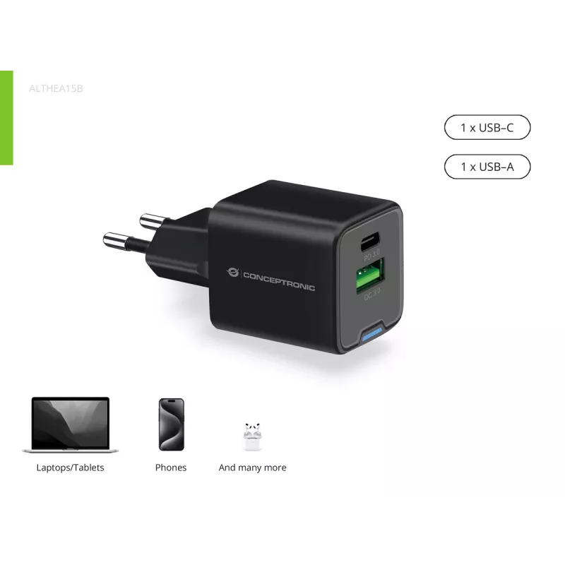 Conceptronic 2-Portu 20W GaN USB PD Lādētājs, USB-C x 1, USB-A x 1, QC 3.0, PPS