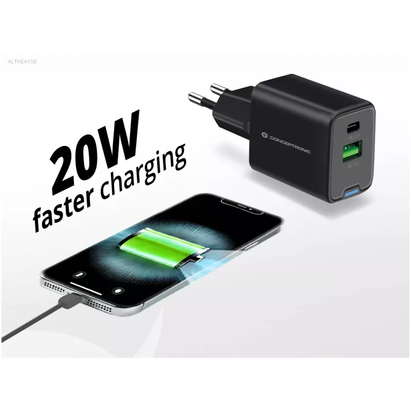 Conceptronic 2-Portu 20W GaN USB PD Lādētājs, USB-C x 1, USB-A x 1, QC 3.0, PPS