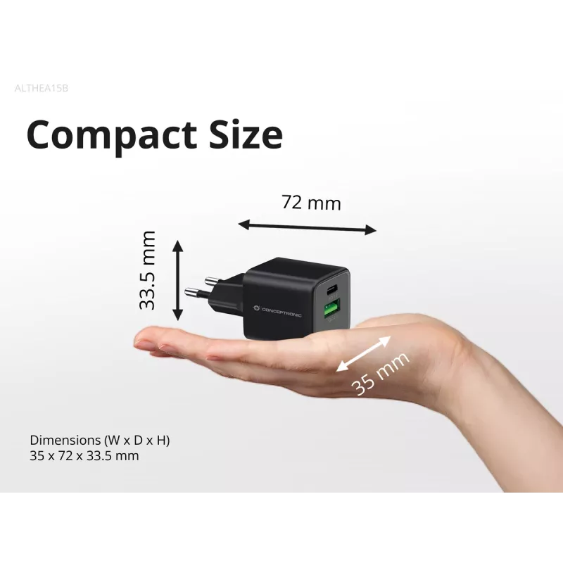 Conceptronic 2-Portu 20W GaN USB PD Lādētājs, USB-C x 1, USB-A x 1, QC 3.0, PPS