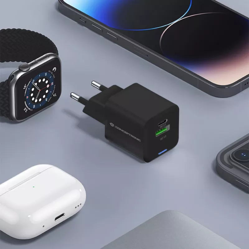 Conceptronic 2-Portu 20W GaN USB PD Lādētājs, USB-C x 1, USB-A x 1, QC 3.0, PPS