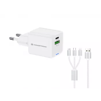 Conceptronic 2-Port 33W GaN USB PD Lādētājs ar 3-in-1 Kabeli, USB-C x1, USB-A x1, QC 3.0, PPS