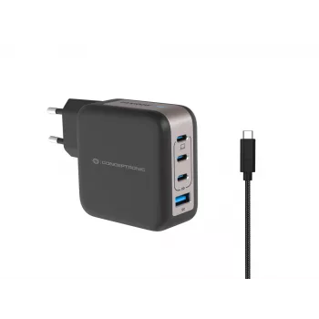 Conceptronic 4-portu 100W GaN USB PD lādētājs ar USB-C uzlādes kabeli, USB-C x 3, USB-A x 1, QC 3.0, PPS