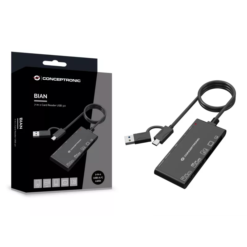 7-in-1 karšu lasītājs CONCEPTRONIC BIAN10B — USB 3.2 Gen 1 Type-A/Type-C, CF/MMC/MS/SD/MicroSD/xD, Melns