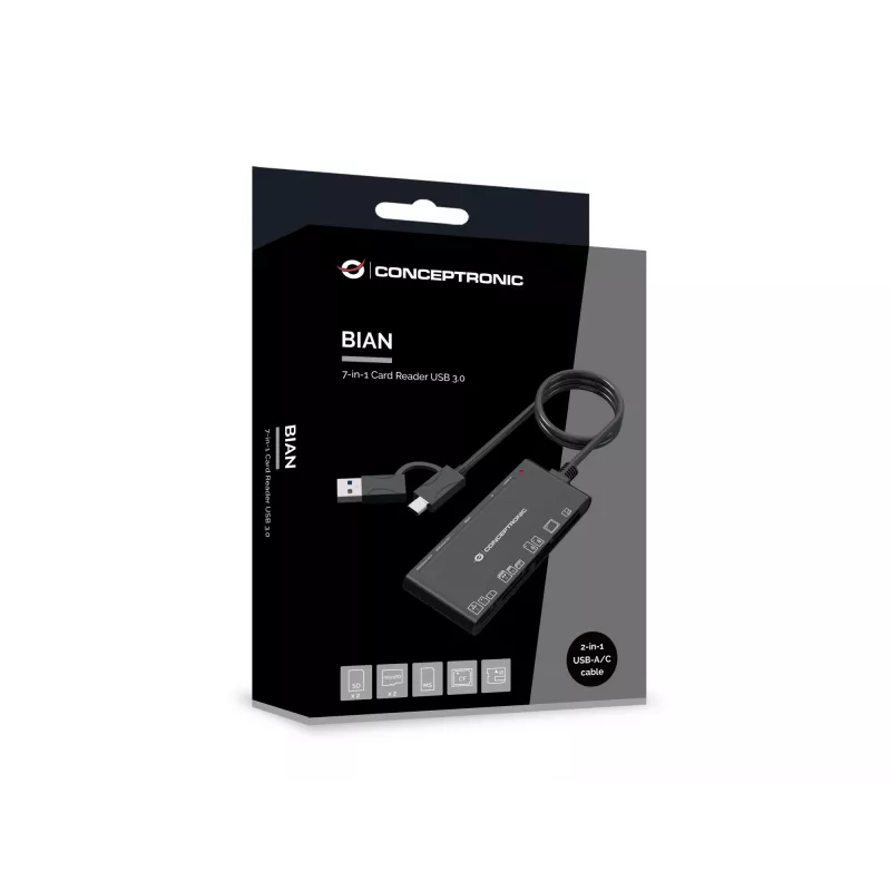 7-in-1 karšu lasītājs CONCEPTRONIC BIAN10B — USB 3.2 Gen 1 Type-A/Type-C, CF/MMC/MS/SD/MicroSD/xD, Melns