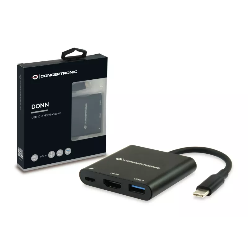 Conceptronic DONN01B USB-C dokstacija / portu replicētājs, 3-in-1, HDMI, USB 3.0, melns