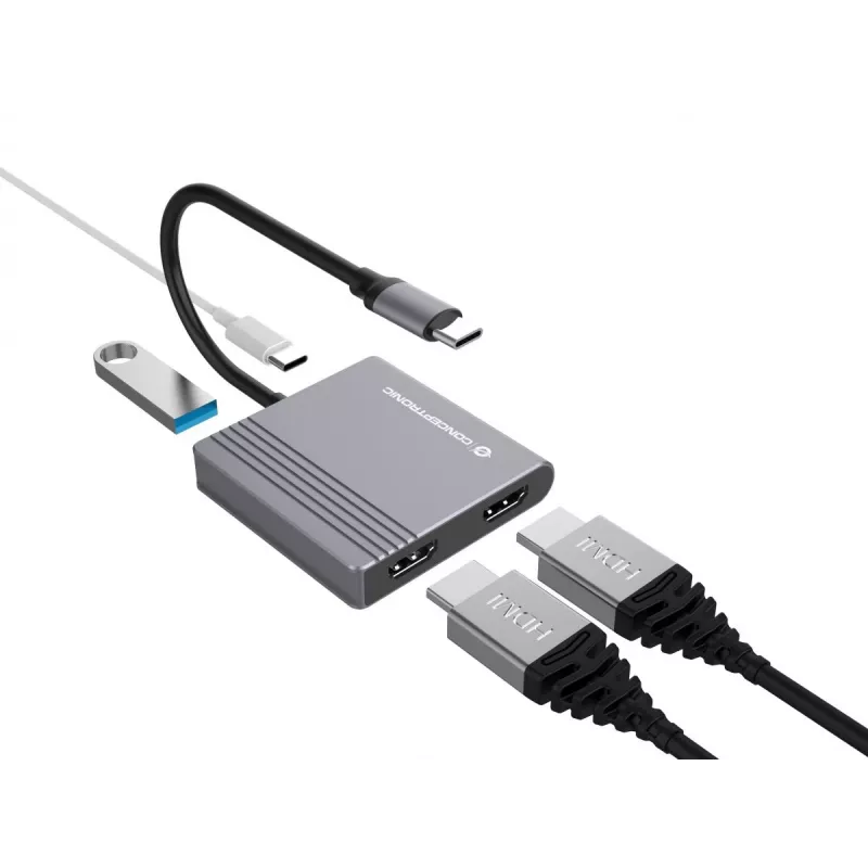 Conceptronic DONN13G 4-in-1 USB-C dokstacija ar HDMI, USB-C PD un USB 3.0, pelēka