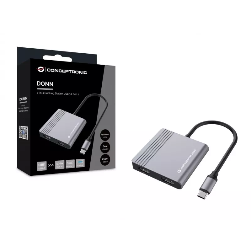 Conceptronic DONN13G 4-in-1 USB-C dokstacija ar HDMI, USB-C PD un USB 3.0, pelēka
