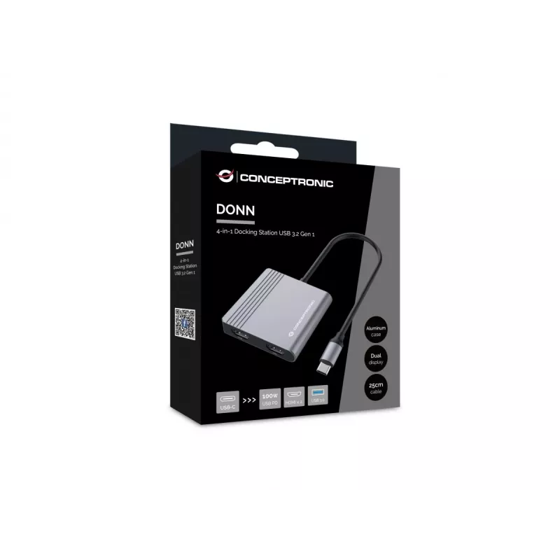 Conceptronic DONN13G 4-in-1 USB-C dokstacija ar HDMI, USB-C PD un USB 3.0, pelēka