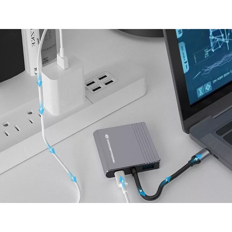 Conceptronic DONN13G 4-in-1 USB-C dokstacija ar HDMI, USB-C PD un USB 3.0, pelēka