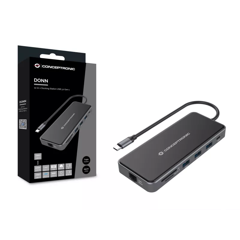 Conceptronic DONN15G 12-in-1 USB-C dokstacija, pelēka