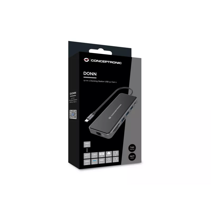 Conceptronic DONN15G 12-in-1 USB-C dokstacija, pelēka