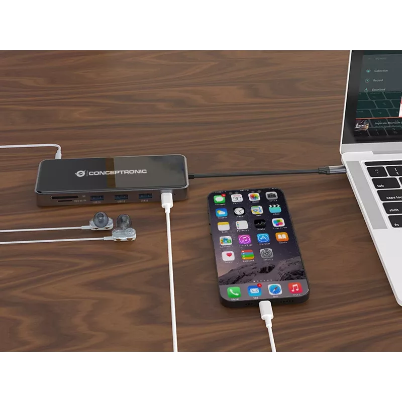 Conceptronic DONN15G 12-in-1 USB-C dokstacija, pelēka