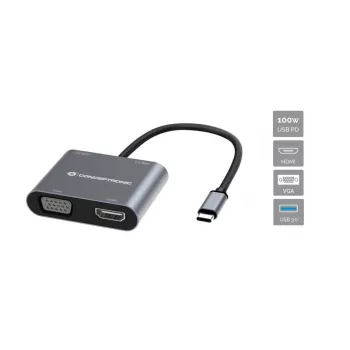 Conceptronic DONN16G Vadu USB 3.2 Gen 1 Type-C pelēks 100W 4K Ultra HD dokstacija