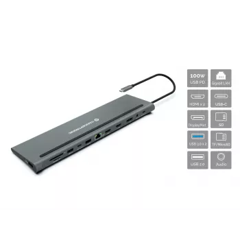 Conceptronic DONN17G 12-in-1 USB-C dokstacija — pelēka