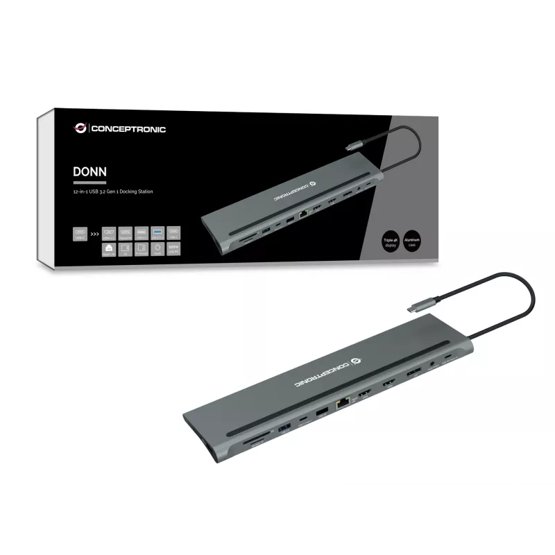 Conceptronic DONN17G 12-in-1 USB-C dokstacija — pelēka