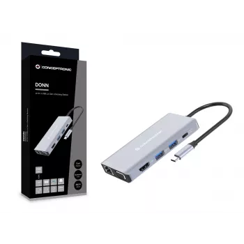 Conceptronic DONN20G 10-in-1 USB 3.2 Gen 1 Docking Station, HDMI, VGA, USB-A 3.0 x3, SD, TF/MicroSD, Audio, GbE LAN, 100W USB PD
