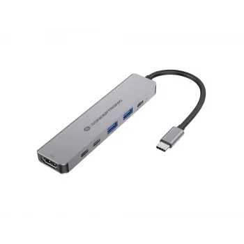 6-in-1 USB 3.2 Gen 1 Dokstacija CONCEPTRONIC DONN33G HDMI, 2×USB-A 5Gbps, 2×USB-C 5Gbps, 100W USB PD, Sudraba