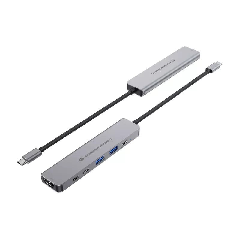 6-in-1 USB 3.2 Gen 1 Dokstacija CONCEPTRONIC DONN33G HDMI, 2×USB-A 5Gbps, 2×USB-C 5Gbps, 100W USB PD, Sudraba