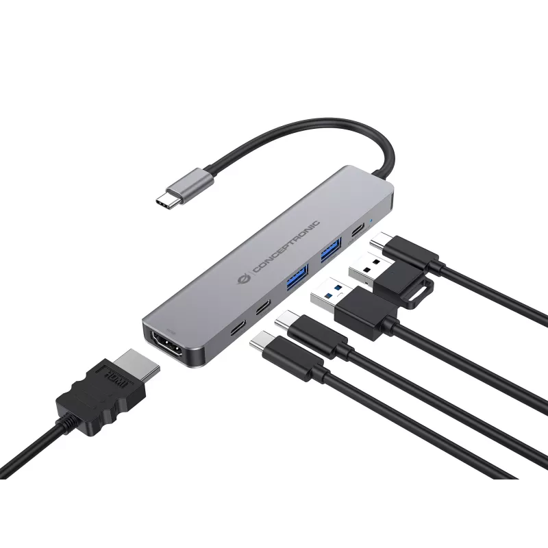6-in-1 USB 3.2 Gen 1 Dokstacija CONCEPTRONIC DONN33G HDMI, 2×USB-A 5Gbps, 2×USB-C 5Gbps, 100W USB PD, Sudraba