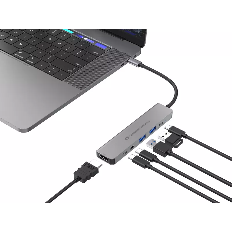 6-in-1 USB 3.2 Gen 1 Dokstacija CONCEPTRONIC DONN33G HDMI, 2×USB-A 5Gbps, 2×USB-C 5Gbps, 100W USB PD, Sudraba