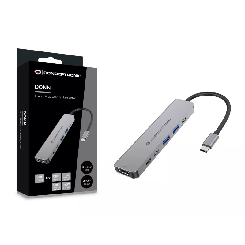 6-in-1 USB 3.2 Gen 1 Dokstacija CONCEPTRONIC DONN33G HDMI, 2×USB-A 5Gbps, 2×USB-C 5Gbps, 100W USB PD, Sudraba