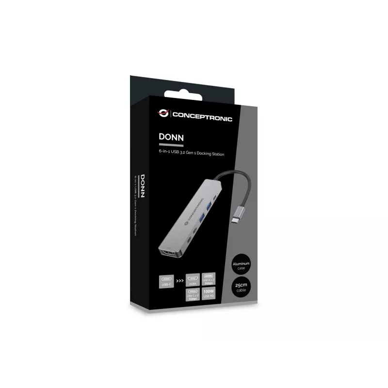 6-in-1 USB 3.2 Gen 1 Dokstacija CONCEPTRONIC DONN33G HDMI, 2×USB-A 5Gbps, 2×USB-C 5Gbps, 100W USB PD, Sudraba