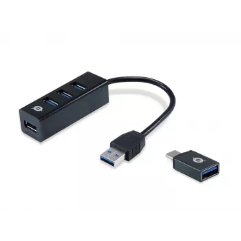 USB centrmezgls Conceptronic HUBBIES 4 portu USB 3.0 ar USB-C OTG adapteri